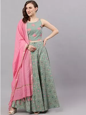 Green & Pink Gold Printed Lehenga Choli With Solid Dupatta