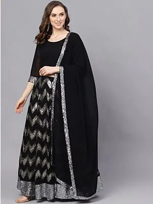 Black & Silver Embellished Lehenga Choli With Dupatta