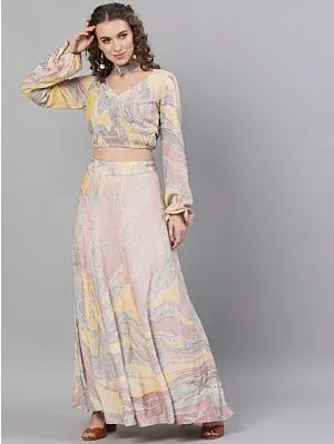 Peach & Grey Marble Printed Lehenga Choli Set