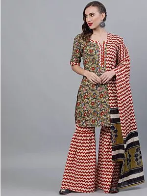 Green Kalamkari Floral Printed Kurta With Zig-Zag Sharara & Dupatta Set