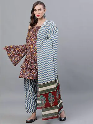 Maroon Kalamkari Printed Kurta With Blue Zig-Zag Printed Salwar & Dupatta Set
