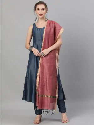 Blue Dobby Design Kurta Set With Gold Zari Dupatta