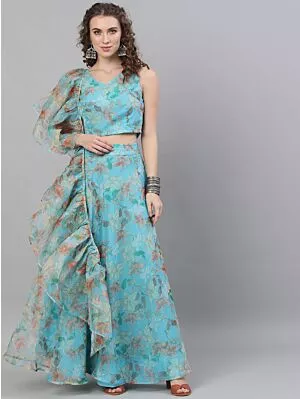 Turquoise Blue Organza Floral Printed Lehenga Choli With Dupatta