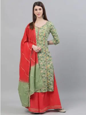 Green & Red Floral Printed With Gotta Patti Work Kurta Set