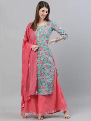 Blue & Pink Floral Printed With Gotta Patti Kurta Set