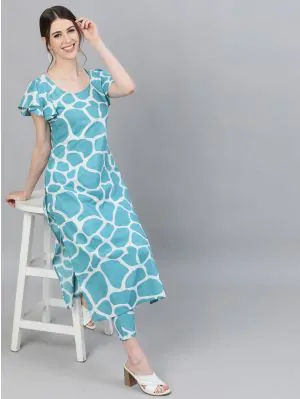 Blue & White Animal Printed Kurta Set
