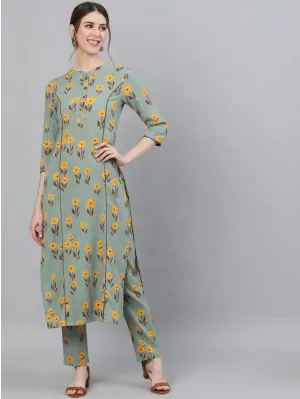 Green & Yellow Floral Printed Kurta Set