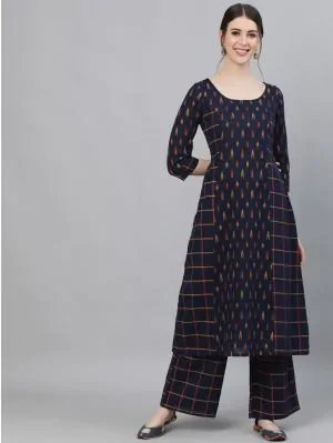Blue Checks Printed Kurta With Palazzo Set