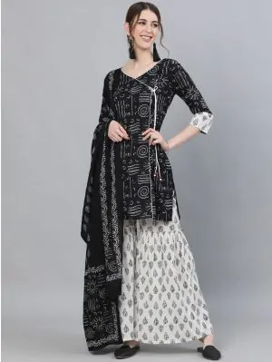 Black & White Printed Kurta With Sharara & Dupatta Set