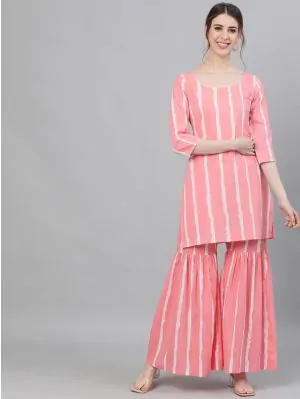 Pink & White Striped Printed Kurta With Sharara Set