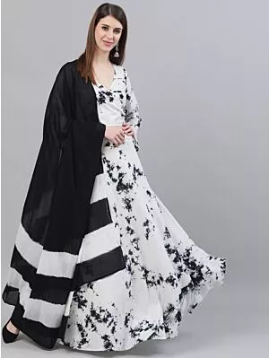 White & Black Tie & Dye Printed Lehenga Choli With Dupatta Set