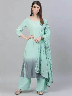 Green & Grey Ombre Printed A-Line Kurta With Pant & Dupatta Set