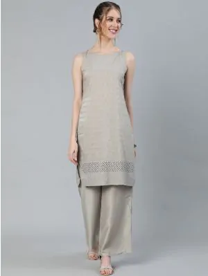 Grey Schiffli Design Straight Kurta Palazzo Set
