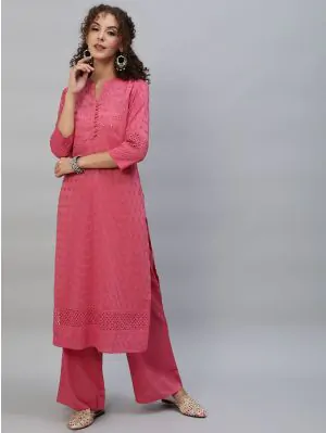 Pink Schiffli Sequance Work Kurta With Palazzo Set