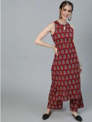 Maroon Floral Printed Straight Kurta With Palazzo Set