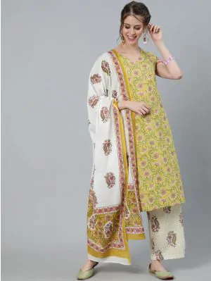 Yellow & Pink Floral Printed Straight Kurta Set With Dupatta
