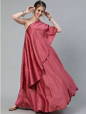 Dusty Pink Dobby Design One Shoulder Lehenga Choli Set