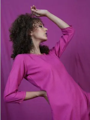 Magenta Yellow Thread Work Kurta With Palazzo Set
