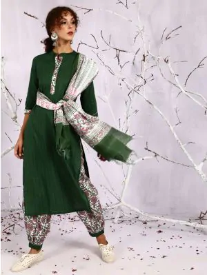 Green & Pink Floral Printed Kurta & Ballon Palazzo With Dupatta Set