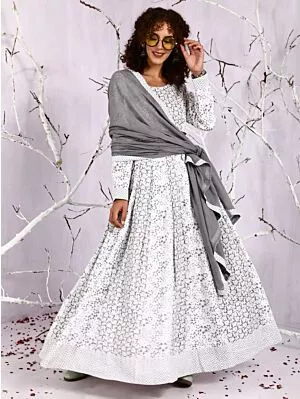 White & Grey Floral Printed Lehenga Choli With Dupatta