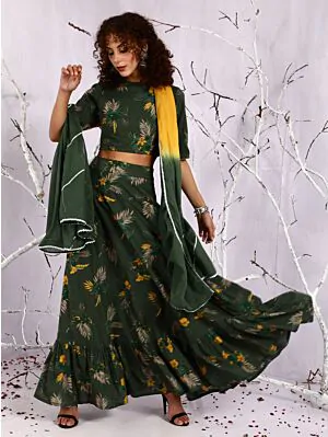 Green & Yellow Floral Printed Lehenga Choli With Tie & Dye Dupatta Set
