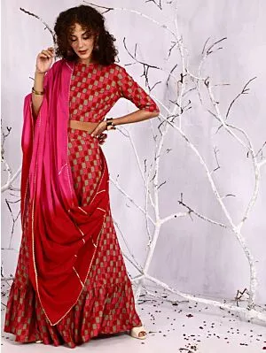 Red & Pink Gold Printed Lehenga Choli With Tie & Dye Dupatta Set