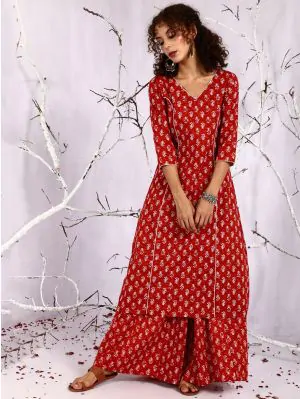 Red & White Printed A-Line Kurta With Palazzo Set