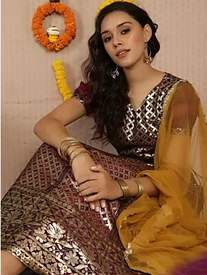 Purple & Gold Jacquard Zari Work Lehenga Choli With Net Dupatta & Potali Bag