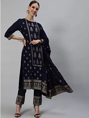 Navy Blue Gold Printed Straight Kurta & Pant With Dupatta Set