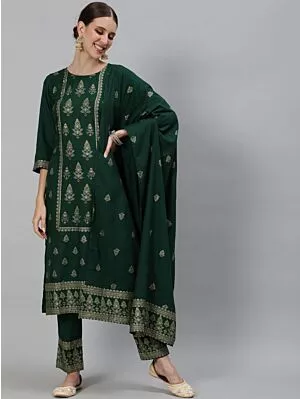 Green Gold Printed Kurta & Pant With Dupatta Set