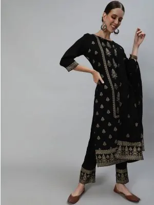 Black Gold Printed Straight Kurta & Pant With Dupatta Set