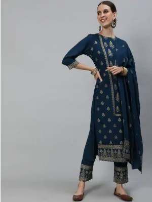Blue Gold Printed Straight Kurta With Pant & Dupatta Set