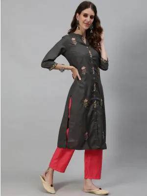 Grey Embroidered Straight Kurta With Solid Pant Set