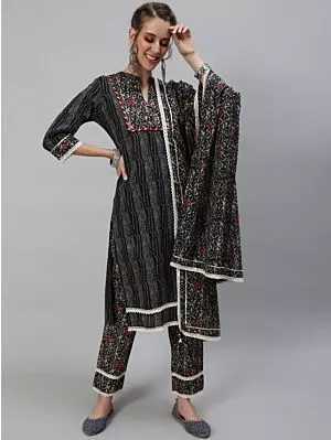 Black Floral Printed Kurtas Pant With Dupatta Set