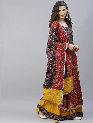 Red & Blue Patola Printed Lehenga Choli With Dupatta Set