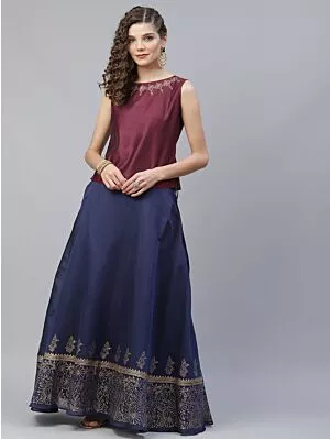 Maroon & Navy Blue Gold Block Printed Lehenga Choli