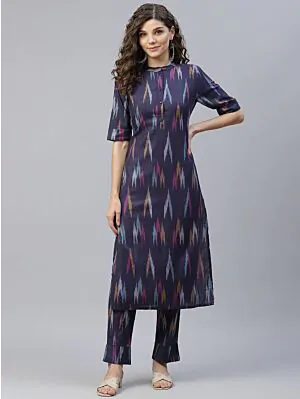 Blue Ikat Woven Design Straight Kurta With Pant Set
