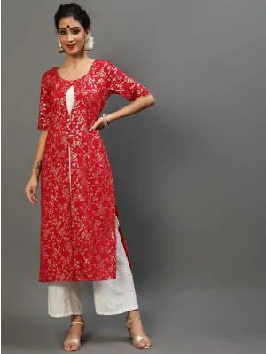 Red & White Gold Printed Layered Kurta With Palazzo Set