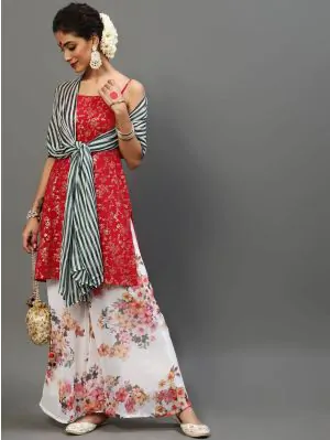 Red Gold Printed Kurta With Printed Palazzo With Dupatta
