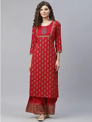 Red Gold Printed Straight Kurta With Palazzo Set