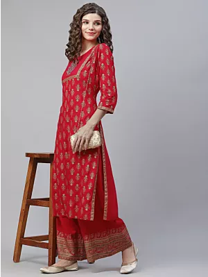 Red Gold Print Kurta With Palazzo