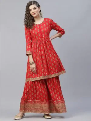 Red Gold Printed Gathered Kurta With Sharara