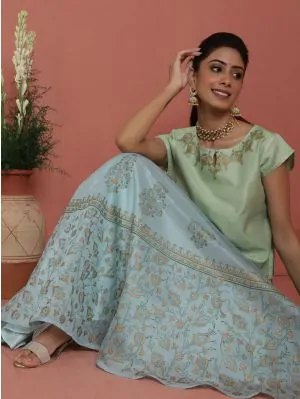 Pastle Blue & Green Block Printed Lehenga Choli