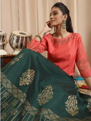Green & Coral Block Printed Lehenga Choli