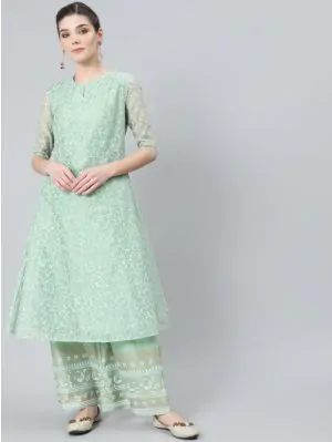 Pastle Green & White Block Printed A-Line Kurta With Palazzo Set