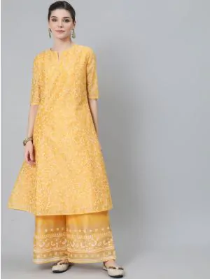 Yellow & White Block Printed A-Line Kurta With Palazzo Set