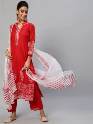 Red & White Block Printed Kurta Set With Dupatta