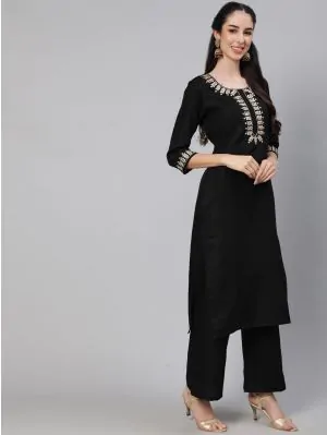 Black Solid Straight Kurta With Palazzo Set