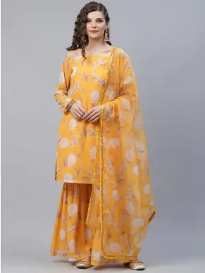 Yellow & White Floral Printed Off-Shoulder Straight Kurta & Sharara With Organza Dupatta