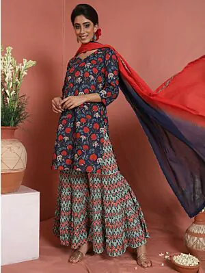 Blue & Red Floral Printed KurtaWith Sharara With Dupatta Set